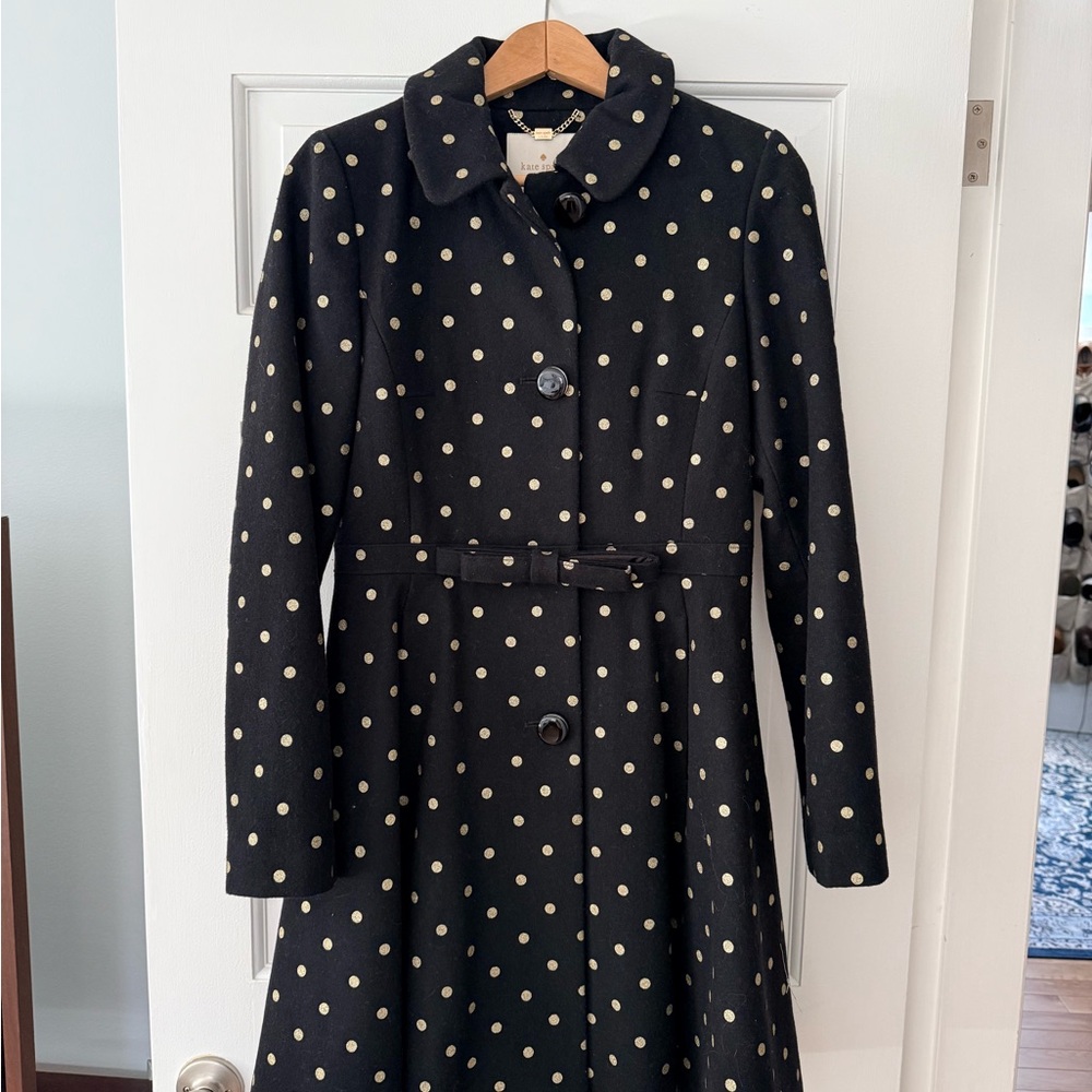 Kate Spade Polka Dot Black & Gold Bow Belted Coat